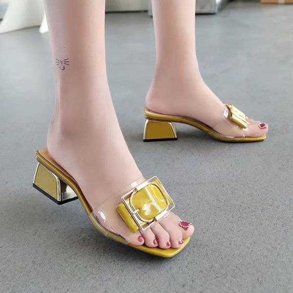 

marlisasa women classic comfort yellow square heel pu leather sandals lady casual black peep toe high summer h5979