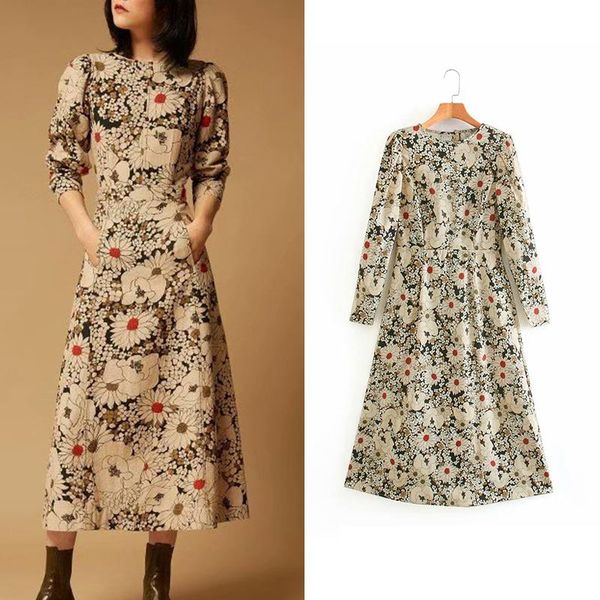 

fashion vintage women dress floral print long sleeve dresses female a-line mid-calf o-neck vestidos mujer casual, Black;gray