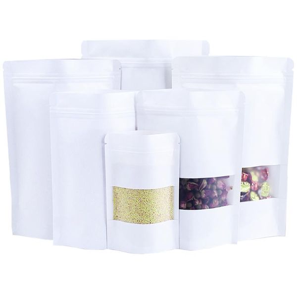 

storage bags 50pcs/lot white kraft paper stand up bag with matte clear window self seal doypack tear notch food tea pouches