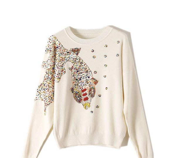 

women's sweaters luxury ladies pullover autumn heavy beaded with diamond goldfish sequins o-neck show knitted sweater women, White;black