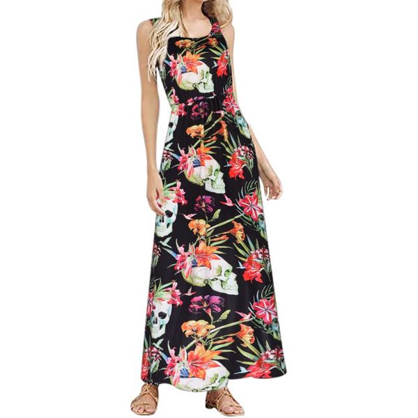 

casual dresses vintage floral printed boho dress women long maxi evening party summer vestidos sleeveless beach fft, Black;gray