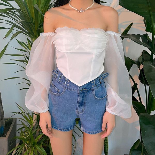 

2021 summer new women's fashion lantern sleeve off shoulder halter short t-shirt women, White