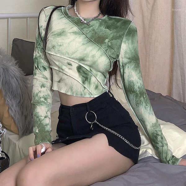 

women's t-shirt green tie-dye women hipster street tshirt long-sleeve fashion basic cool o neck short-length casual 2021 autumn lady, White