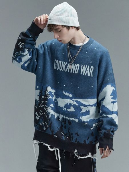 

men letter & mountain pattern drop shoulder sweater o7rk#, White;black