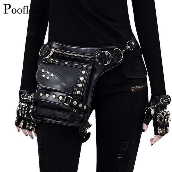 

pooflower moto pu leather waist packs rock mens belt leg bags steampunk gothic womens bag crossbody fanny zh151