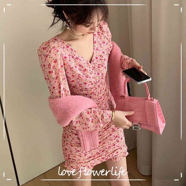 

summer floral dress casual pink beach party trumpet mini dress female v-neck puff sleeve flower dress korean y2k 210521, Black;gray