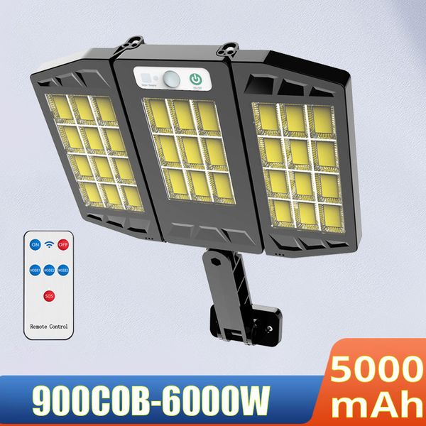 6000W 900COB LED Lampioni solari per esterni Sensore di movimento a 4 teste 270 Angolo di illuminazione ampia Lampada da parete con telecomando impermeabile