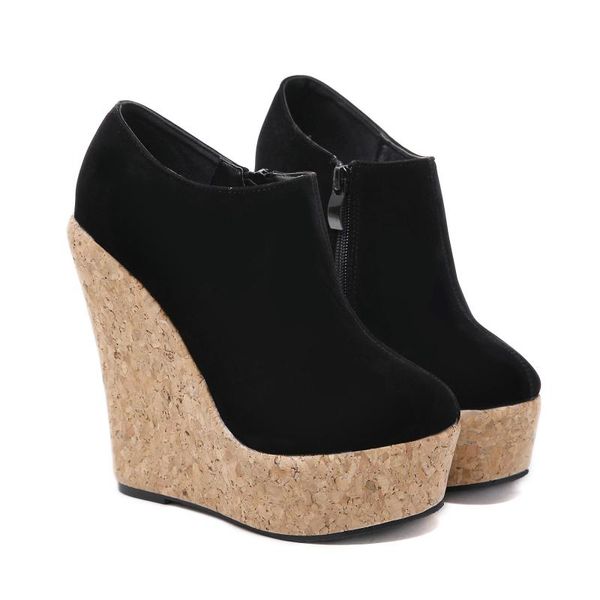 

spring autumn women's flock ankle boots round toe zip cork platform wedges 15cm high heels nightclub shoes woman pumps, Black