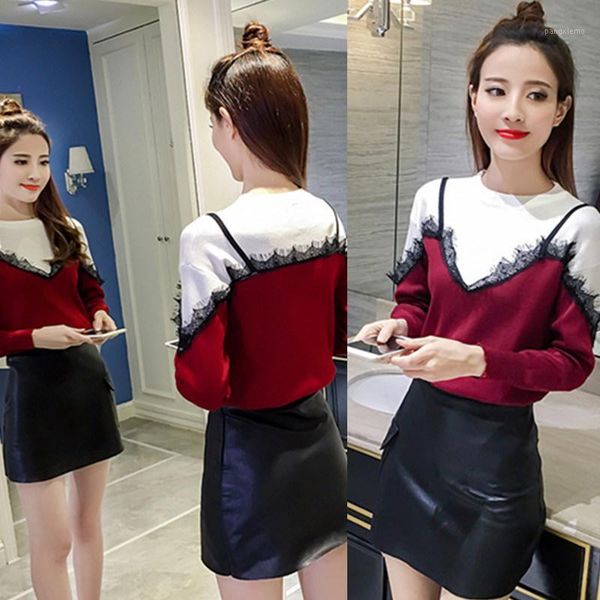 

women's sweaters 2021 spring and autumn korean sweet lace stitching straps fake two-piece slim sweater shirt student pullover, White;black