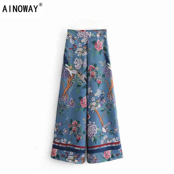 

vintage chic women birds print wide leg bohemian pants ladies loose rayon boho long oversize 211124, Black;white