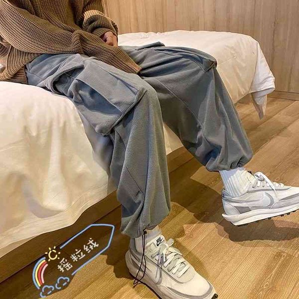 

men's pants winter thickened fleece warm fashion casual cargo men streetwear wild loose hip-hop straight-leg mens iyb6, Black