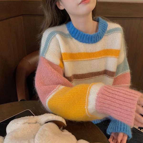 

women's sweaters fall 2021 women rainbow stripe sweater korean hairy long sleeve loose jumper preppy style pullover o-neck knitted, White;black