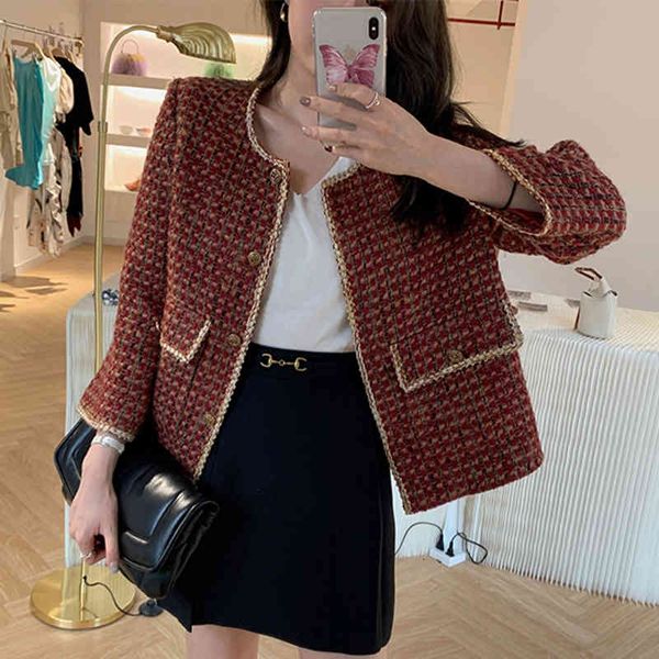 

jackets autumn winter vintage tweed jacket coat women small fragrance plaid korean weave woolen coats female short outerwear maik, Black;brown