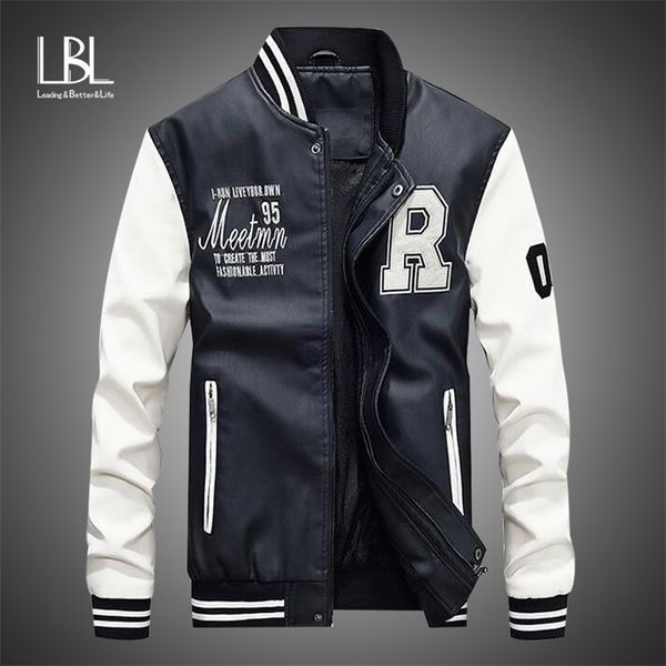 Homens Casaco De Couro Marca Bordado Bordado Pu Jackets Masculino Casual Luxo Inverno Quente Lã Piloto Bombardeiro Casaco 211029