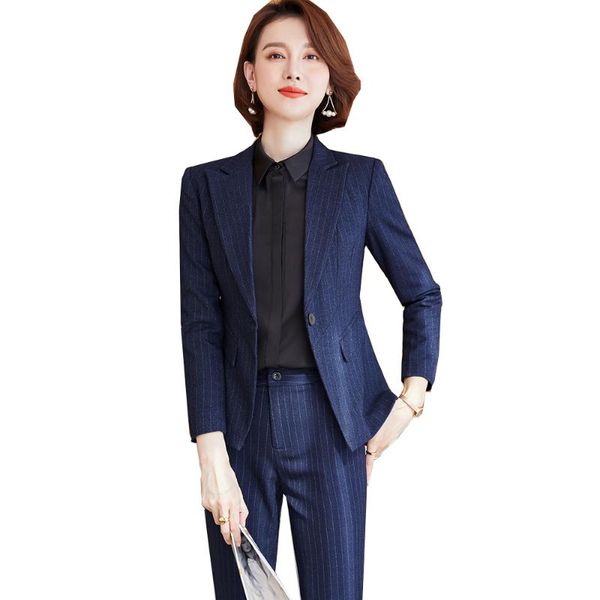 

women's two piece pants fashion formal ladies business pant suit blue black striped 2 set blazer women jackets and trousers work suits, White