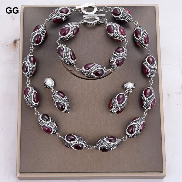 

earrings & necklace guaiguai jewelry natural red agates black rhinestone pave wrap chorker bracelet sets, Silver