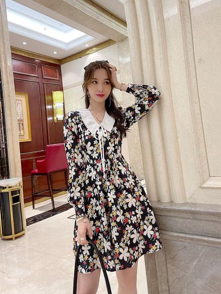 

summer fashion women flower prints long sleeve casual dresses for ladies 2 color gdnz 2.22, Black;gray