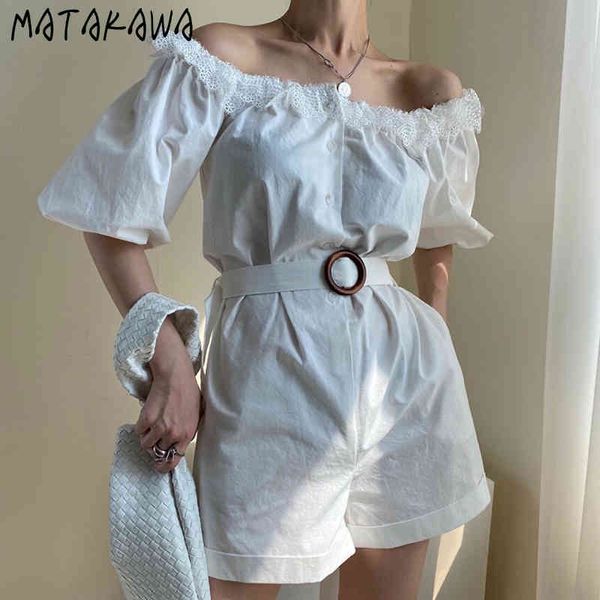 

matakawa lace collar jumpsuit strapless two-wear waist bodysuit puff sleeve playsuit with belt fashion clothes 210513, Black;white