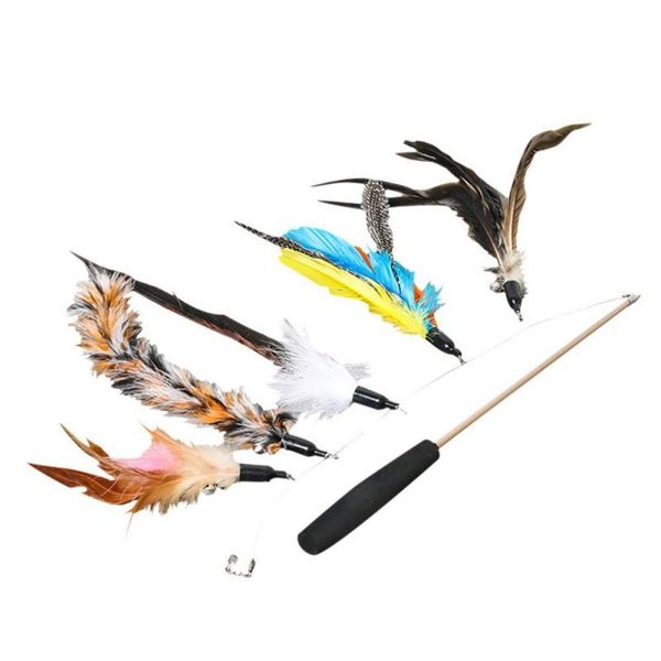 

cat toys pet feather toy teaser stick retractable fishing rod with 5 replacement fish interactive accessories