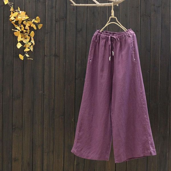

women's pants & capris 7226 summer women japan style mori girl literary solid color linen loose wide leg elastic waist casual trousers, Black;white