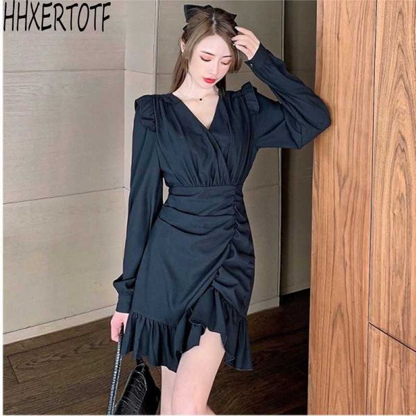 

spring fashion women v-neck ruffle personalized design irregular long-sleeved pleated casual dress 210531, Black;gray