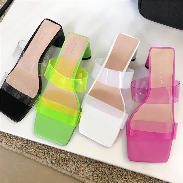 

slippers 2021 transparent pvc women slipper fashion brand square crystal heel slides summer outdoor beach flip flop female sandals, Black