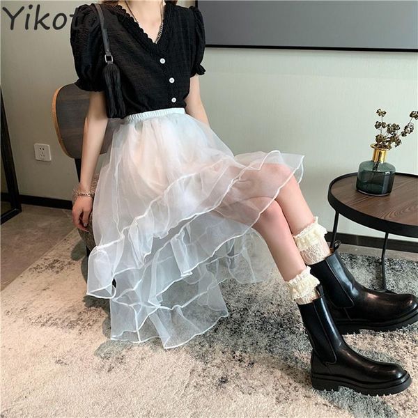 

women's summer mesh irregular skirt swallowtail casual solid black net yarn fashion high waist kawaii sweet skirts