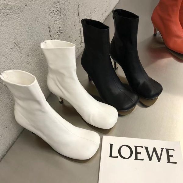 

boots round toe women ankle back zipper thin high heels short fashion black orange white pumps shoes woman roman 39