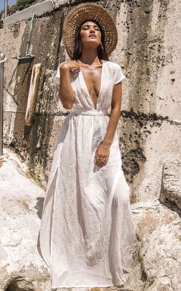 

casual dresses backless deep v neck boho long tunic swimwear white slit summer holiday pareo women maxi i813, Black;gray