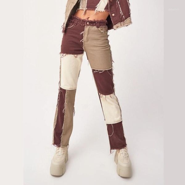 

brown patchwork straight jeans women streetwear contrast color denim pants high waist jean femme pantalones vaqueros mujer 2021 women's, Blue