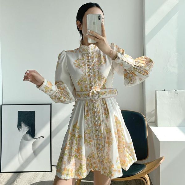 

casual dresses 2021 spring autumn women long sleeve dress retro court style flowers print slim mini send the belt, Black;gray