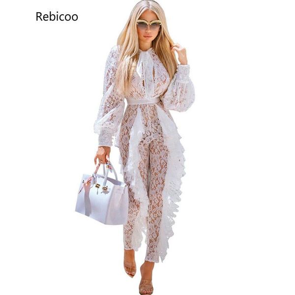 

women's jumpsuits & rompers sheer long sleeve white lace jumpsuit for women see through floral ruffles bodycon christmas night club ove, Black;white