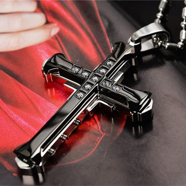 

male crystal cross jesus pendant gold black zirconia necklace stainless steel jewelry for men gift necklaces, Silver
