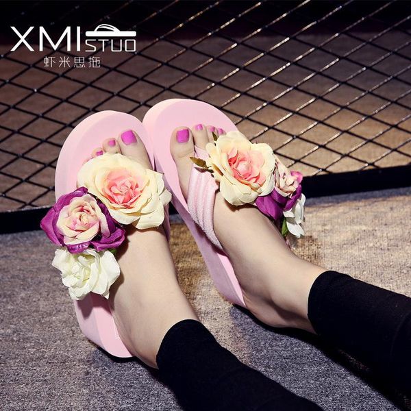 

women slippers summer high heel rose flower sandals flip flops beach female, Black