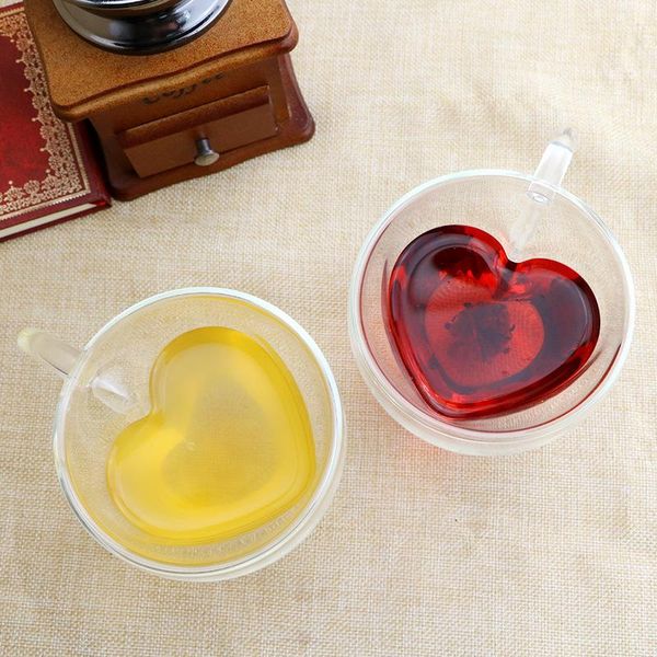

cups & saucers heart love shaped double wall glass mug resistant kungfu tea milk juice cup drinkware lover coffee gift
