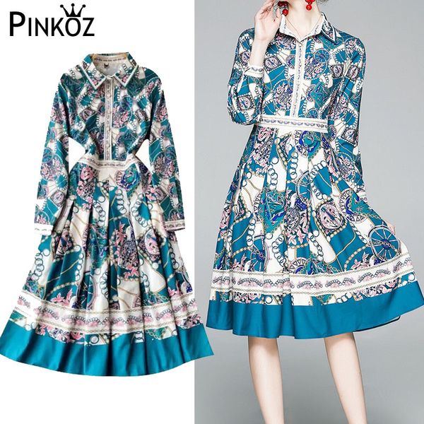 

spring summer blue dress plus size 2xl printed chain floral single breasted long sleeve pleated dresses party causal robe 210421, Black;gray