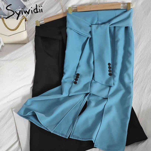 

syiwidii bandage high waist midi skirts women breasted back zipper slit a-line blue black summer clothes korean fashion new 210417