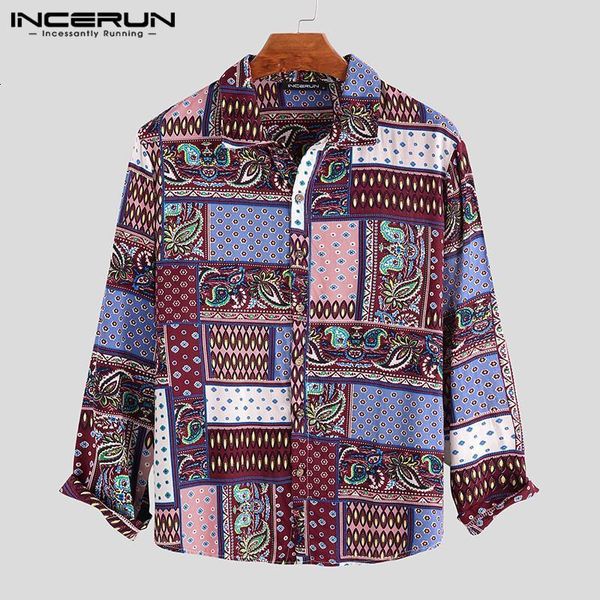 

men's incerun printing long sleeve shirt casual loose streetwear turn down collar hawaiian shirts men vacation camisas 2021, White;black