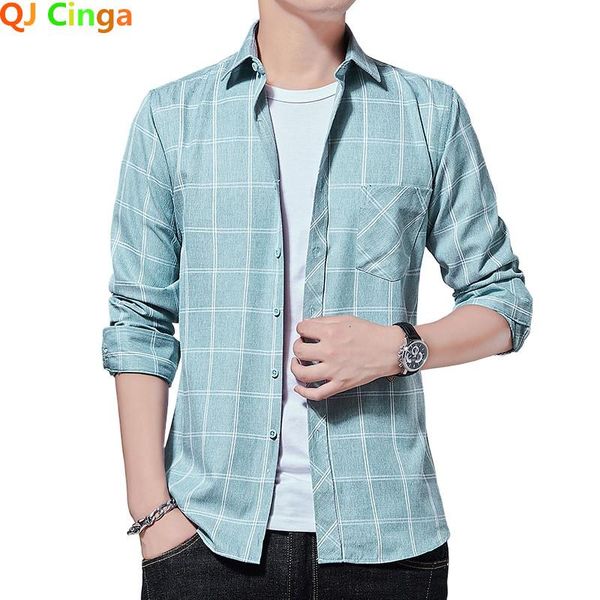 

green stripe checked shirt for men long sleeve square collars single button cotton shirts blue grey fit camisa/chemise men's casual, White;black