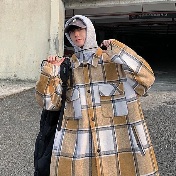 

men's trench coats 2021 winter product korean hooded loose khaki long windbreaker plaid casual fake two-piece tweed coat, Tan;black
