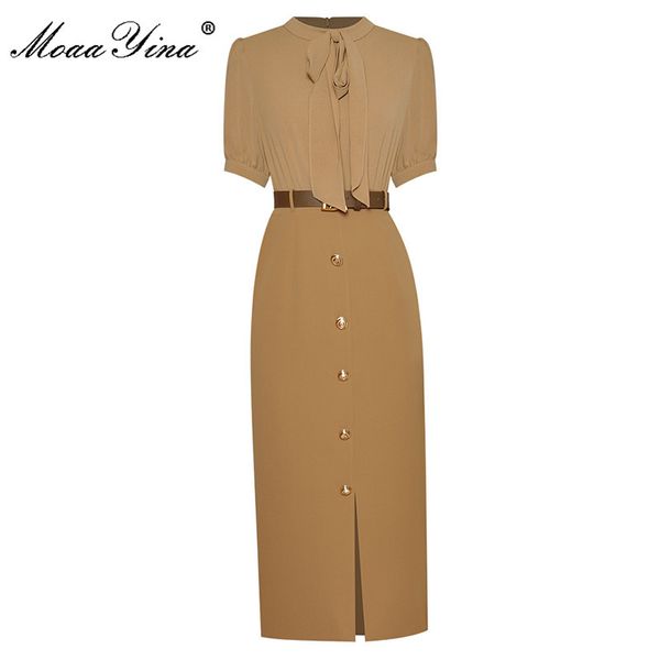 Moaa Yina Summer Fashion Elegant Office Wear Party Dress Donna Manica corta Telai Vita alta Slim Pencil Midi 210524