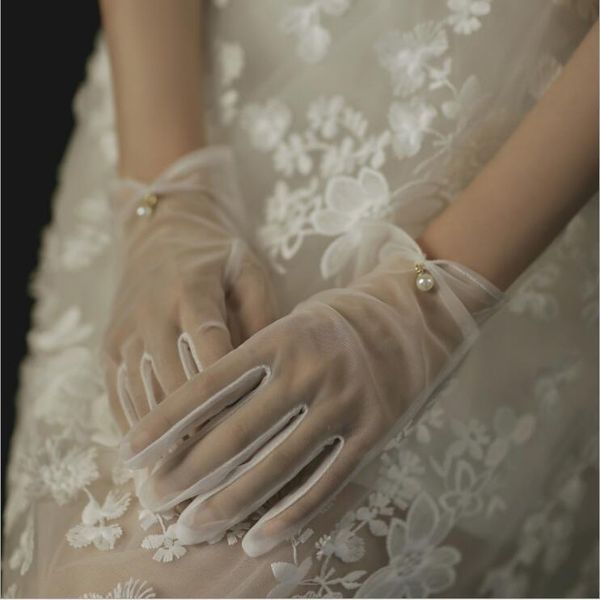 

five fingers gloves 2021 women' transparent elegant pearl beaded white mesh female sunscreen vintage short lace driving, Blue;gray