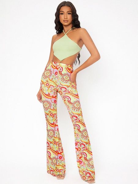 

tall floral print flare leg pants m9dl#, Black;white