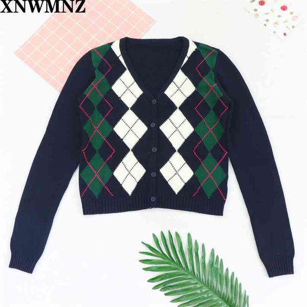 

vintage stylish geometric rhombic cardigan sweater women fashion autumn warm long sleeve outerwear chic england style 210520, White