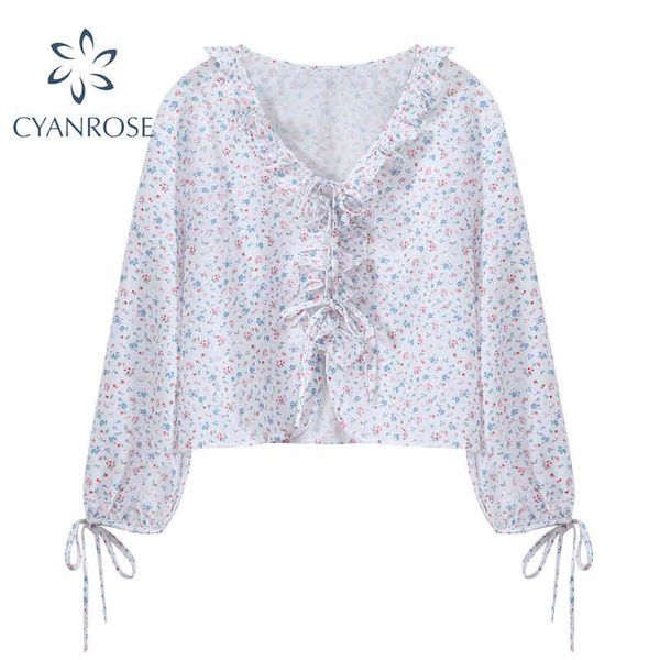 Camicette e camicette stringate impiombate con volant per donna manica lunga scollo a V sciolto Mori ragazza coreana top estate chiffon spiaggia Blusas 210417