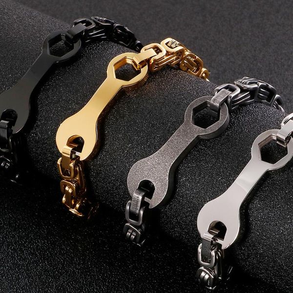 

link, chain hiphop vintage gold black biker bracelet for men 316l stainless steel byzantine wrench bracelets bangles male jewelry