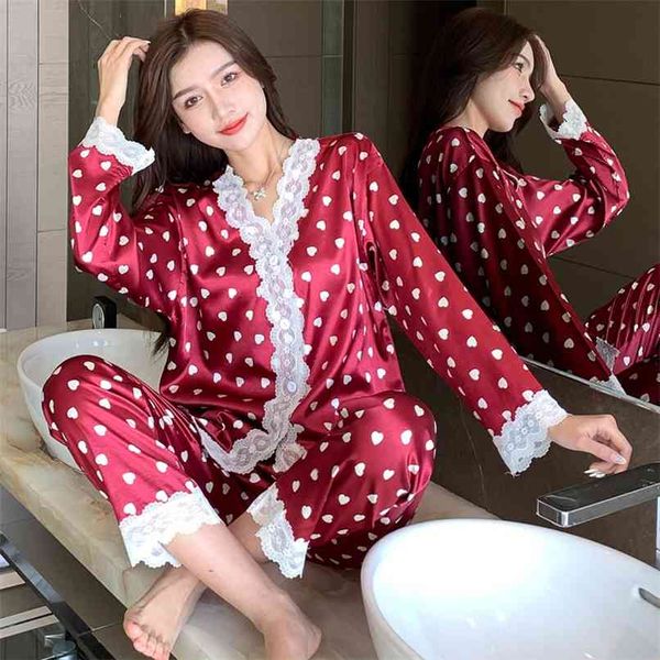 Pijama kadın ipek ince bölüm yaz baskı kırmızı aşk uzun kollu gevşek taklit iki parçalı ev servisi 210520