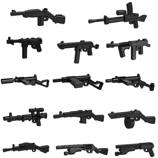 10 adet / grup WW2 Guns Askeri Silahlar Tüfek Makinesi Send / SMG Swat Moc Parça Yapı Taşları Tuğla Oyuncaklar Çocuklar için Y1130