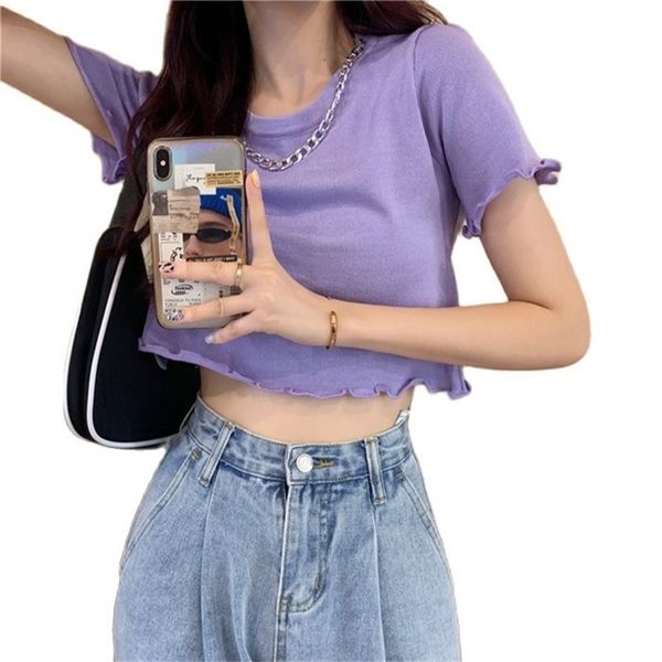 

wooden ear round neck t-shirt women's chain slim slimming knit summer and korean fashion clothing 210520, White;black
