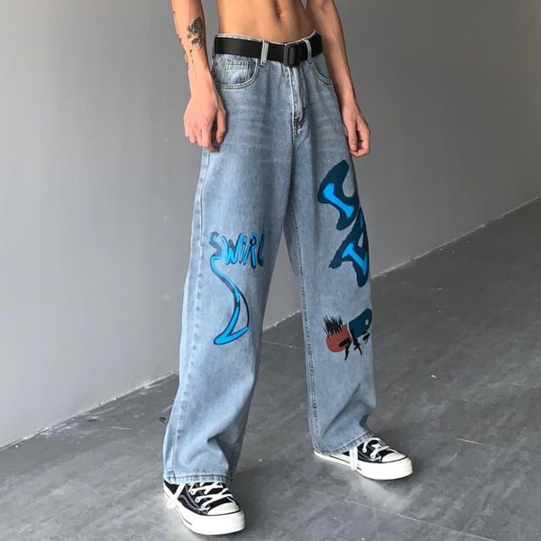 

men's pants individuality ripped jeans men women 2021 fashion high waist woman streetwear graffiti printing trouser, Black